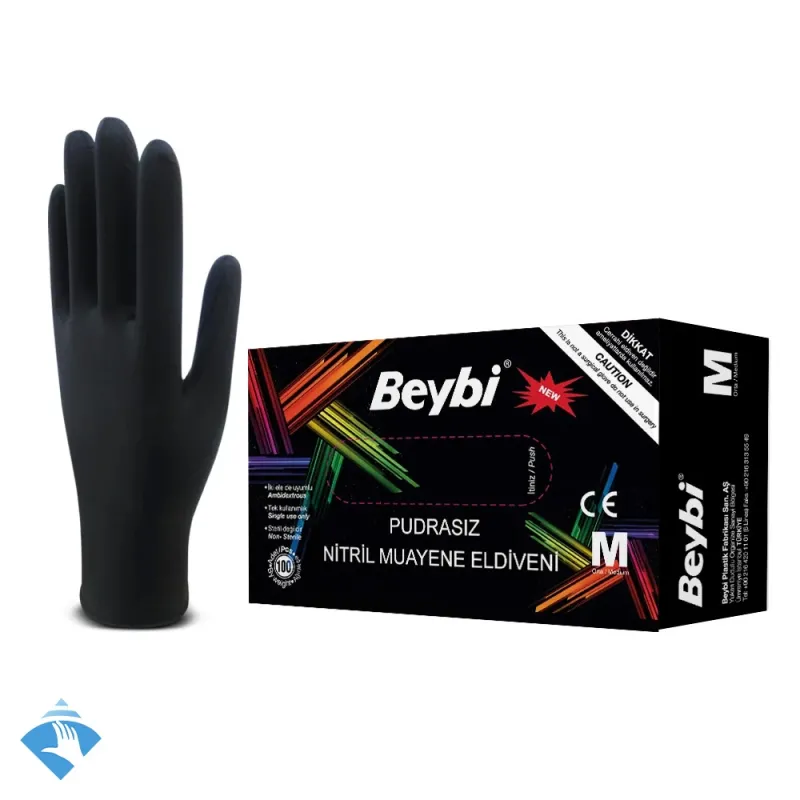 Beybi Pudrasız Siyah Nitril Eldiven - Koli (20 Paket x 100'li)