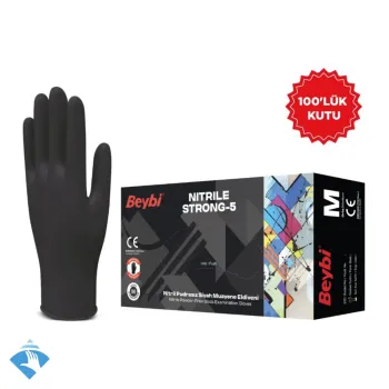 Beybi Strong-5 Pudrasız Siyah Nitril Muayene Eldiveni - Koli (20 Paket x 100'lü)