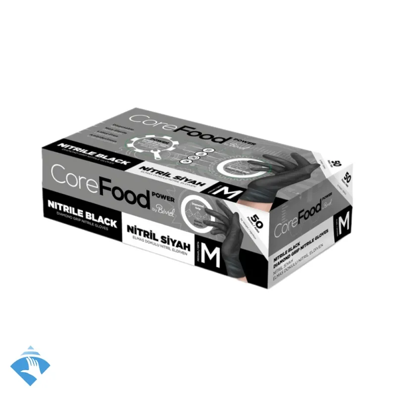 CoreFood Nitril Power Siyah Eldiven - Koli (20 Paket x 50'li)