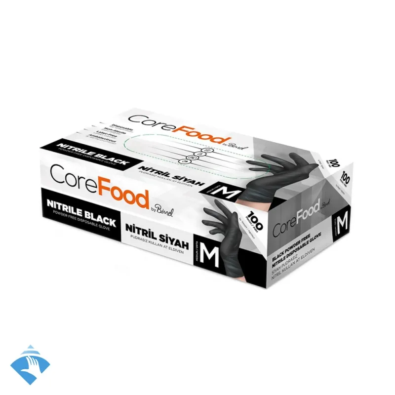 CoreFood Pudrasız Siyah Nitril Eldiven - Koli (20 Paket x 100'li)