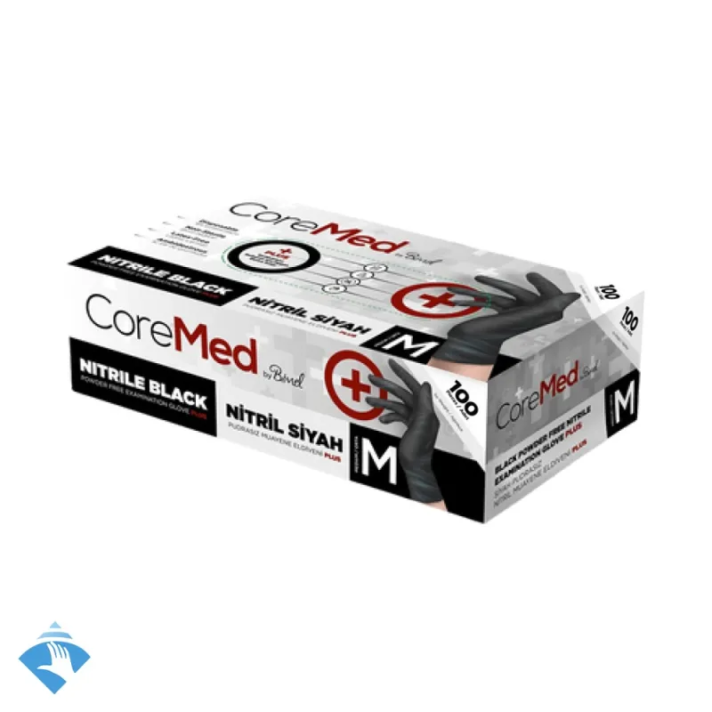 CoreMed Nitril Plus Siyah Muayene Eldiveni - Koli (20 Paket x 100'li)