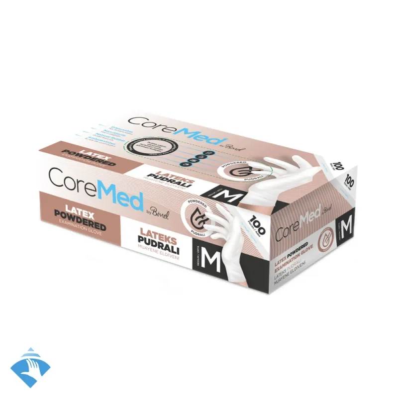 CoreMed Pudralı Lateks Muayene Eldiveni - Koli (20 Paket x 100'li)