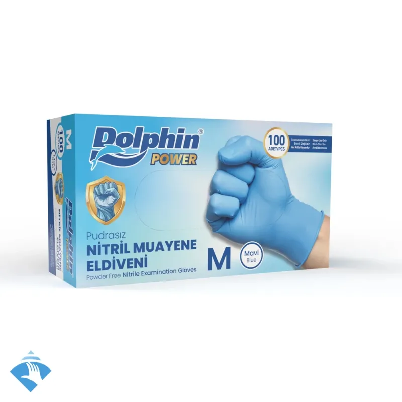 Dolphin Kalın Pudrasız Mavi Nitril Eldiven - Koli (20 Paket x 100'lü)