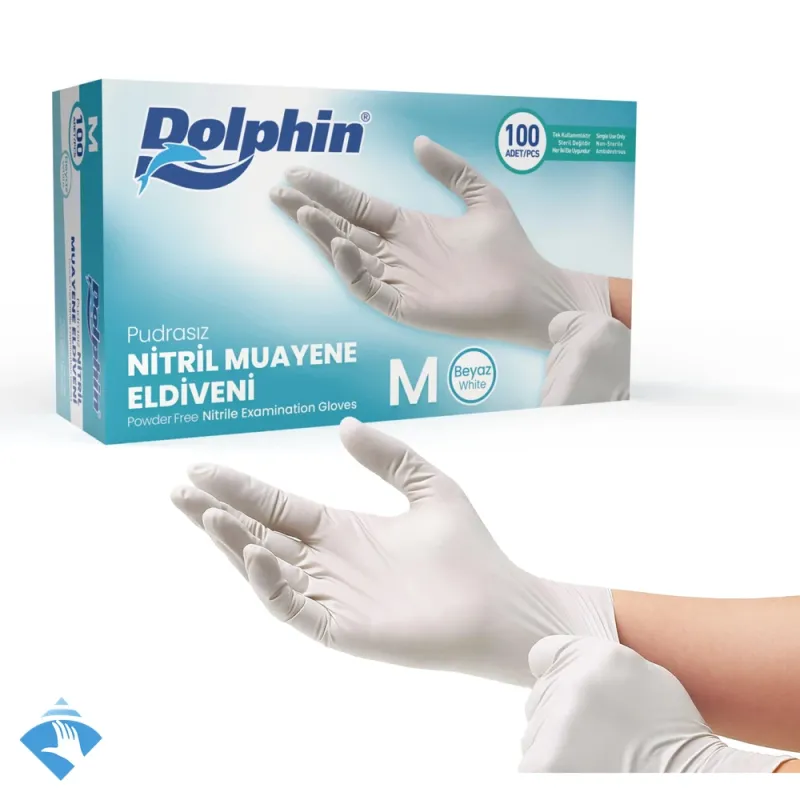 Dolphin Pudrasız Beyaz Nitril Muayene Eldiveni - Koli (20 Paket x 100'lü)